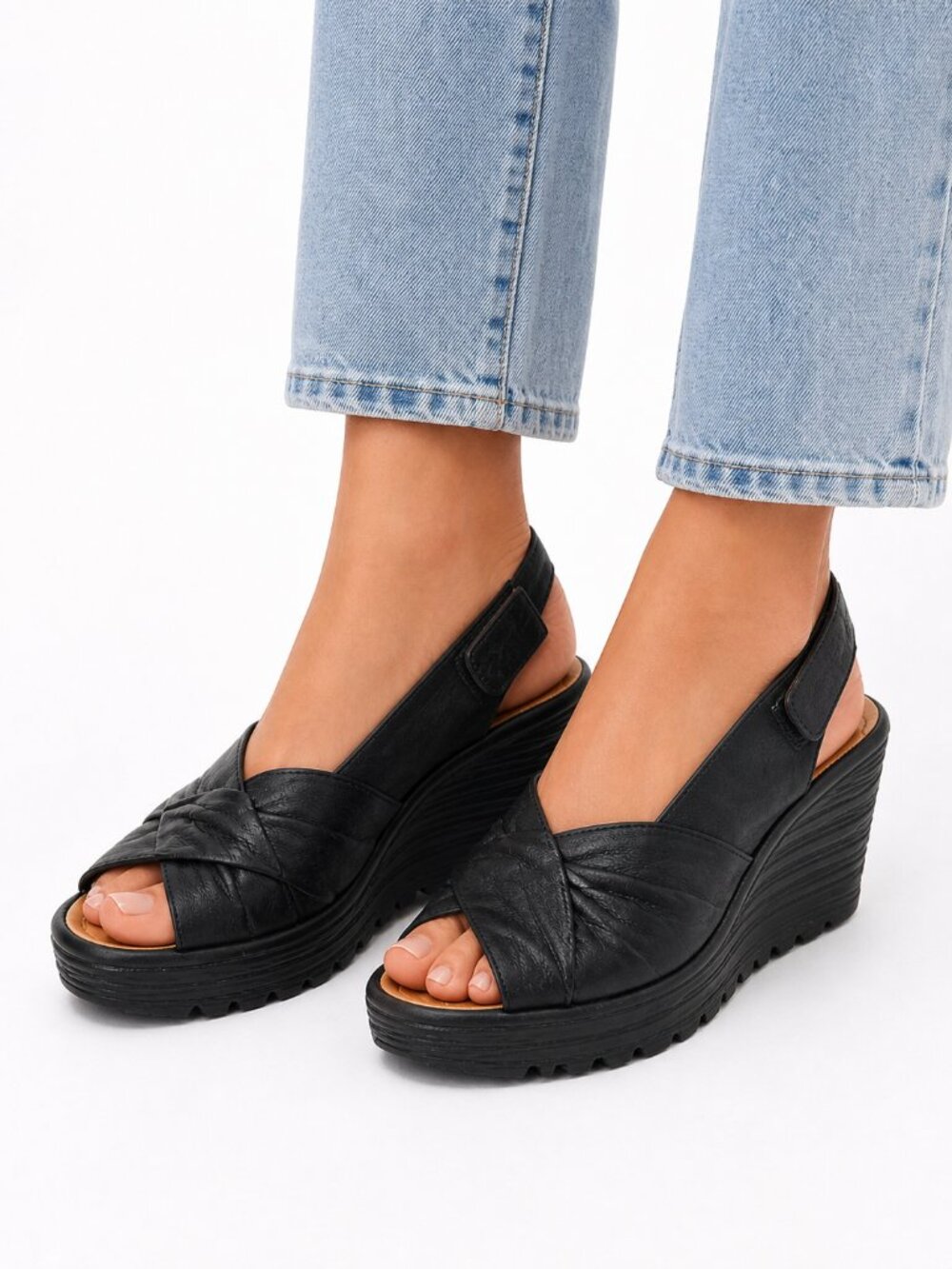 FLY London Yakin Black Leather Wedge Sandals Size 39 (US 8.5)